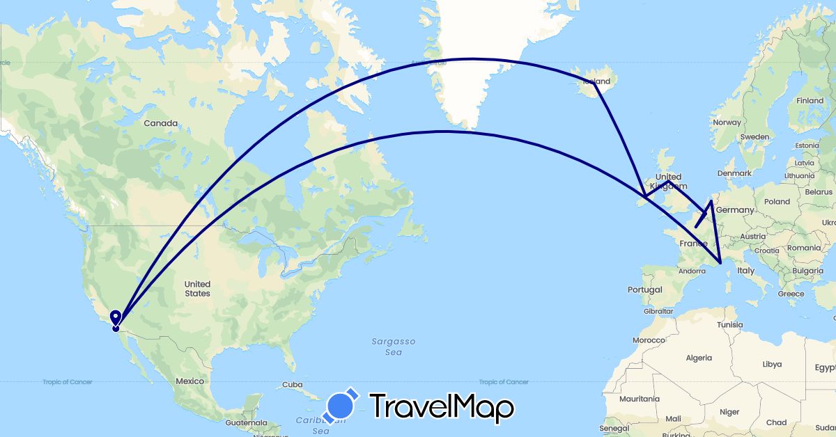 TravelMap itinerary: driving in Belgium, France, United Kingdom, Ireland, Iceland, Monaco, Netherlands, United States (Europe, North America)